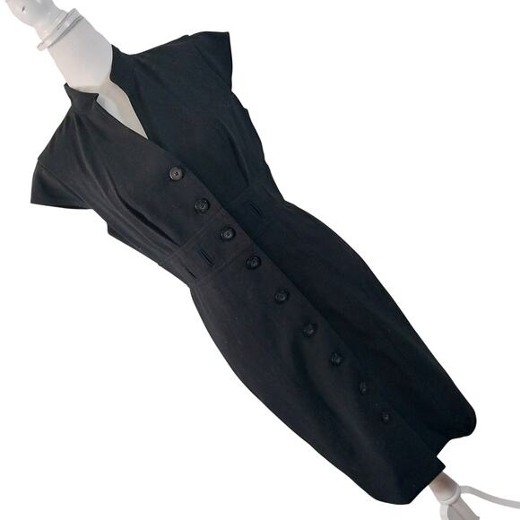 CALVIN KLEIN! LUXE BLACK BUTTON FRONT NEHRU COLLAR CAP SLEEVE DRESS! SZ S - Picture 1 of 10